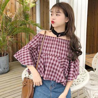 Off-shoulder Plaid Elbow-sleeve Top