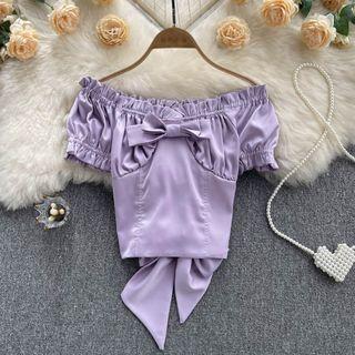 Short-sleeve Off-shoulder Bow Ruched Cropped Top
