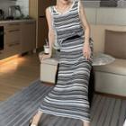 Set: Striped Knit Tank Top + Mini Pencil Skirt Stripes - Black & White & Gray - One Size
