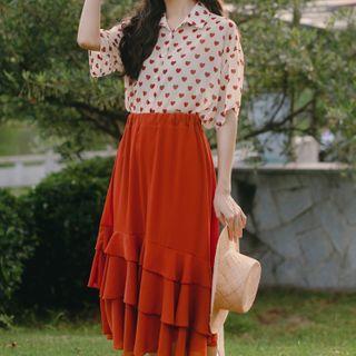 Heart Print Short-sleeve Blouse / A-line Skirt / Set