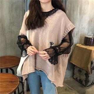 Embroidered Vest / Long-sleeve Lace Panel Mesh Top