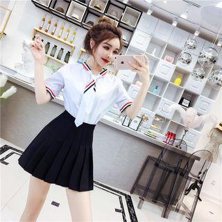 Contrast Shirt + Pleated Skirt