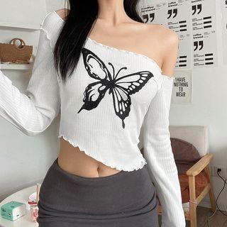 Butterfly Print Asymmetrical Cropped T-shirt