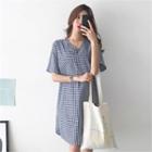 V-neck Pocket-front Gingham Dress