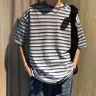 Contrast-collar Striped Short-sleeve T-shirt