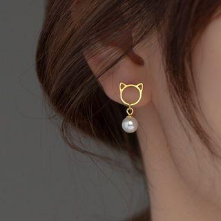 Sterling Silver Cat Faux Pearl Drop Earring 1 Pair - S925silver - Pearl - White - One Size