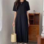 Elbow-sleeve Accordion Pleat Maxi Dress