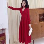 Set: Balloon-sleeve Midi A-line Dress + Choker