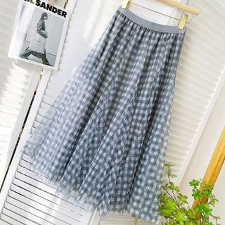 Gingham Mesh Midi A-line Skirt