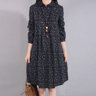 Long-sleeve Floral Linen Dress