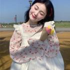 Long-sleeve Print Chiffon Top / Frill Trim Mini A-line Overall Dress