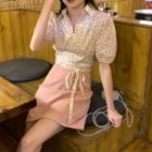 Short-sleeve Floral Printed Blouse / A-line Plain Mini Skirt