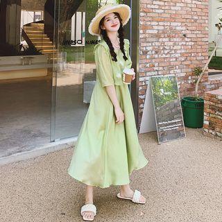 Short-sleeve Flower Detail Ruffle Midi Smock Dress