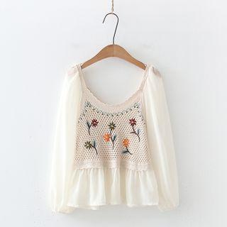 Long-sleeve Floral Embroidered Panel Blouse