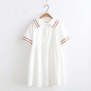 Elbow-sleeve Striped Trim A-line Dress