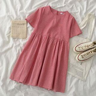 Plaid Short-sleeve A-line Dress Gingham - Red - One Size
