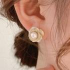 Flower Faux Pearl Rhinestone Earring Cs0219 - 1 Pair - Gold & White - One Size