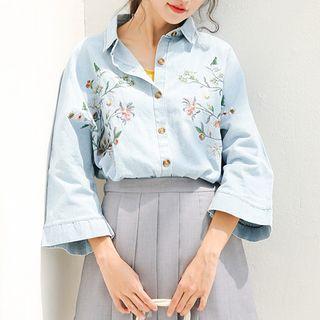 Embroidered 3/4-sleeve Denim Shirt Light Blue - One Size