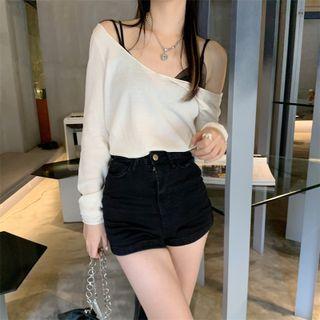 V-neck Light Knit Top Off-white - One Size