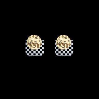Alloy Disc Checker Square Dangle Earring 1 Pair - Gold & White & Black - One Size