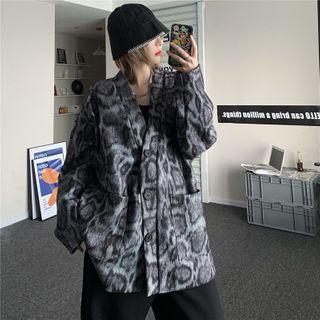 Leopard V-neck Woolen Button Jacket As Shown In Figure - One Size