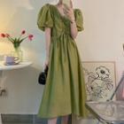 Puff-sleeve V-neck Midi A-line Dress Light Green - One Size