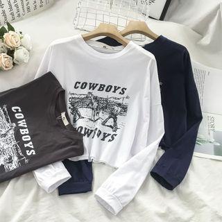 Long-sleeve Cowboy Print Cropped T-shirt