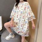 Cartoon Print Mesh Panel Elbow-sleeve T-shirt White - One Size