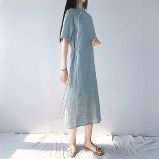 Short-sleeve Midi Qipao Light Green - One Size