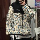 Leopard Print Fleece Panel Zip-up Jacket Blue - One Size