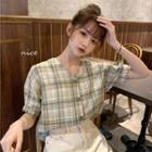V Collar Plaid Short-sleeved Shirt As Shown In Figure - One Size