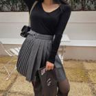 Buckled Pleated Wool Blend Wrap Skirt