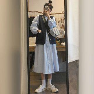 Set: Long-sleeve Plain Midi Shirt Dress + Button-up Vest