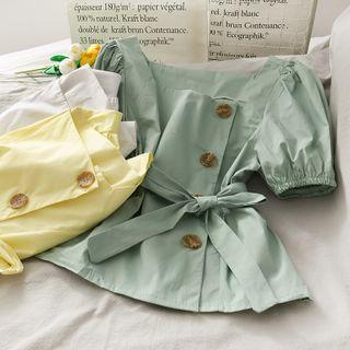 Square-neck Crop Blouse With Sash