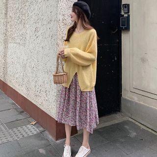 Spaghetti Strap Floral Chiffon A-line Midi Dress / Slit Sweater