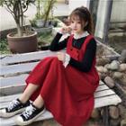 Lace-trim Sweater / Sleeveless Midi A-line Corduroy Dress