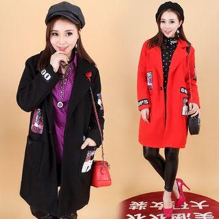 Applique Notch Lapel Long Woolen Coat