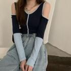 Long-sleeve Cold Shoulder Crop Top Navy Blue - One Size