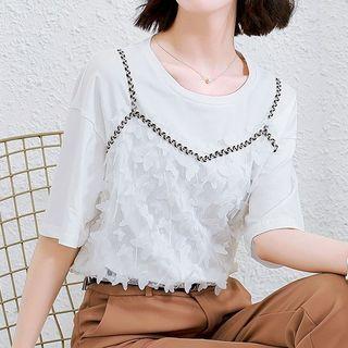 Elbow-sleeve Mock Two-piece Lace Blouse