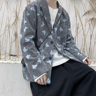 Butterfly Embroidered Plaid Single-breasted Blazer