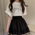 Elbow-sleeve Lettering Cutout T-shirt / Mini Skirt