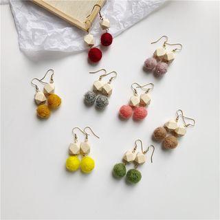 Geometric Wooden Bead Woolen Bobble Dangle Earring