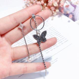 Non-matching Rhinestone Butterfly Faux Pearl Dangle Earring