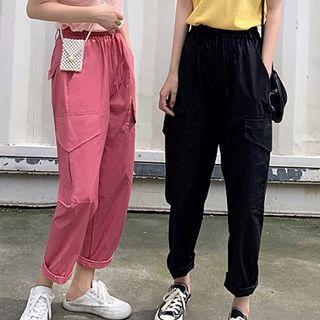 Plain High-waist Lace-up Cargo Pants
