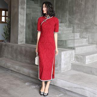 Short-sleeve Patterned Midi Qipao Dress