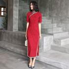 Short-sleeve Patterned Midi Qipao Dress