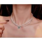 Faux Pearl Layered Necklace 1pc - White & Aqua Blue - One Size