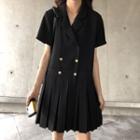 Short-sleeve Double-breasted Pleated Shirt Dress Black - One Size