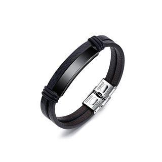 Simple And Fashion Plated Black Geometric Rectangular 316l Stainless Steel Double-layer Leather Bracelet Black - One Size