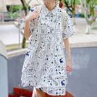 Elbow-sleeve Comic Print Mini A-line Shirtdress